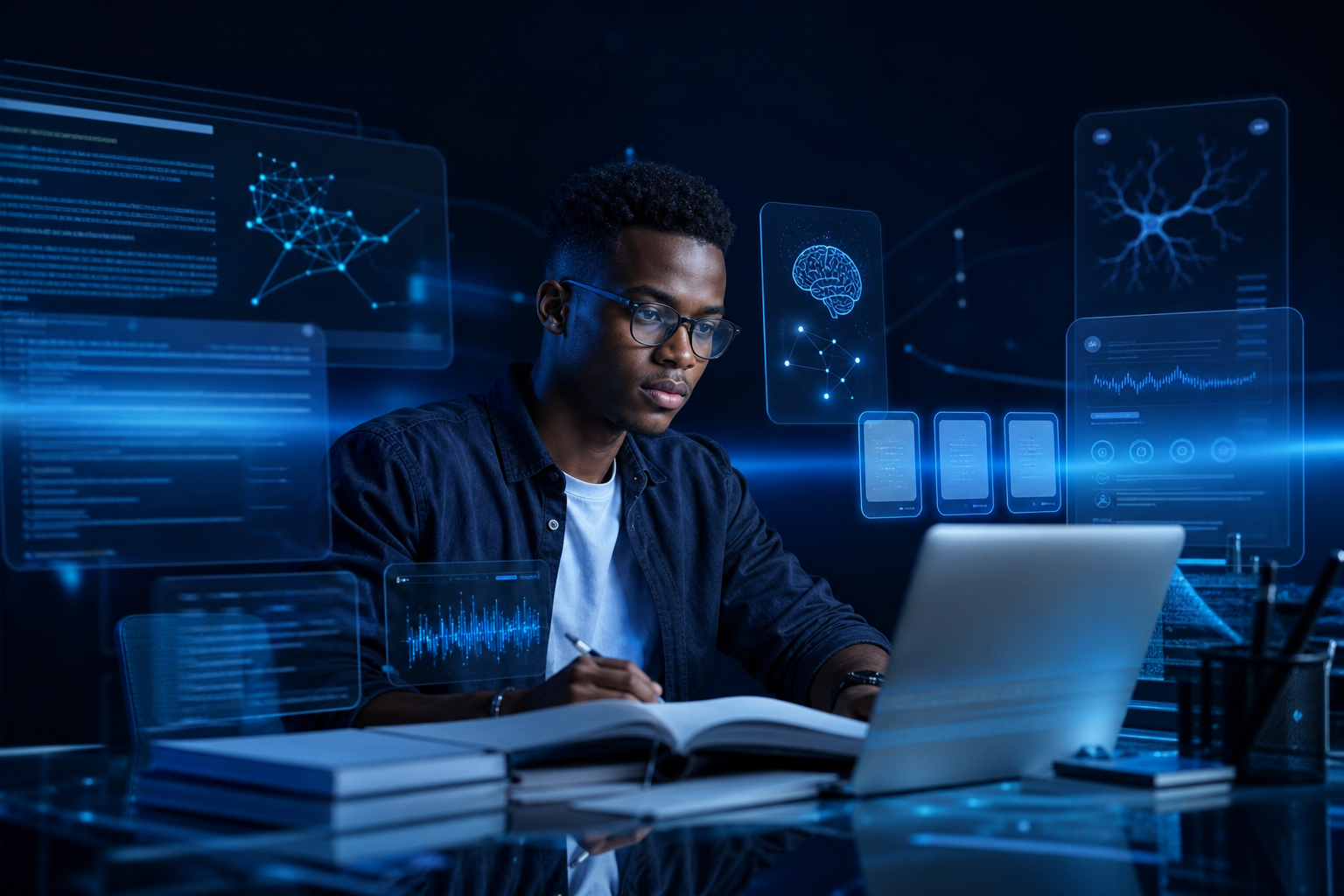 University student studying with ABN AI intelligent workspace and holographic study tools