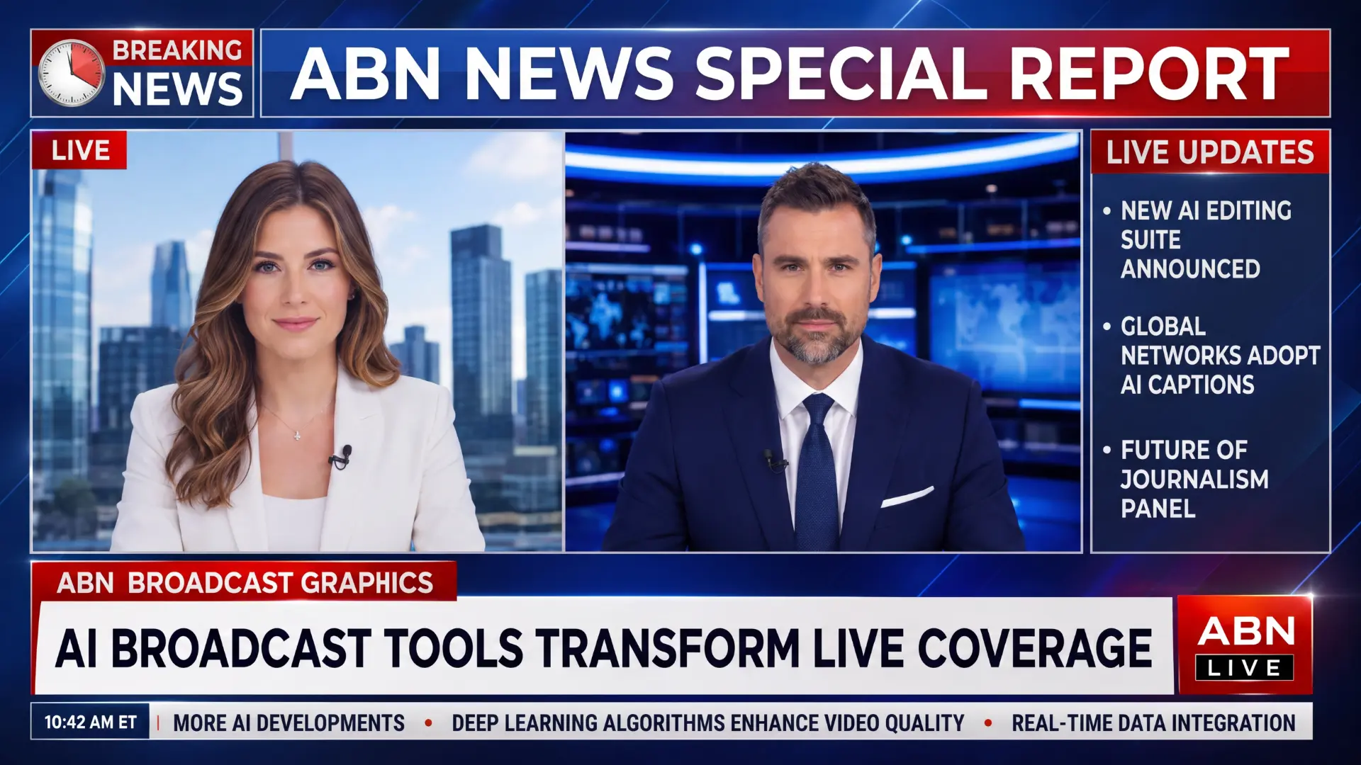 Live broadcast news studio with ABN Broadcast Graphics lower third, ticker, and on-air branding