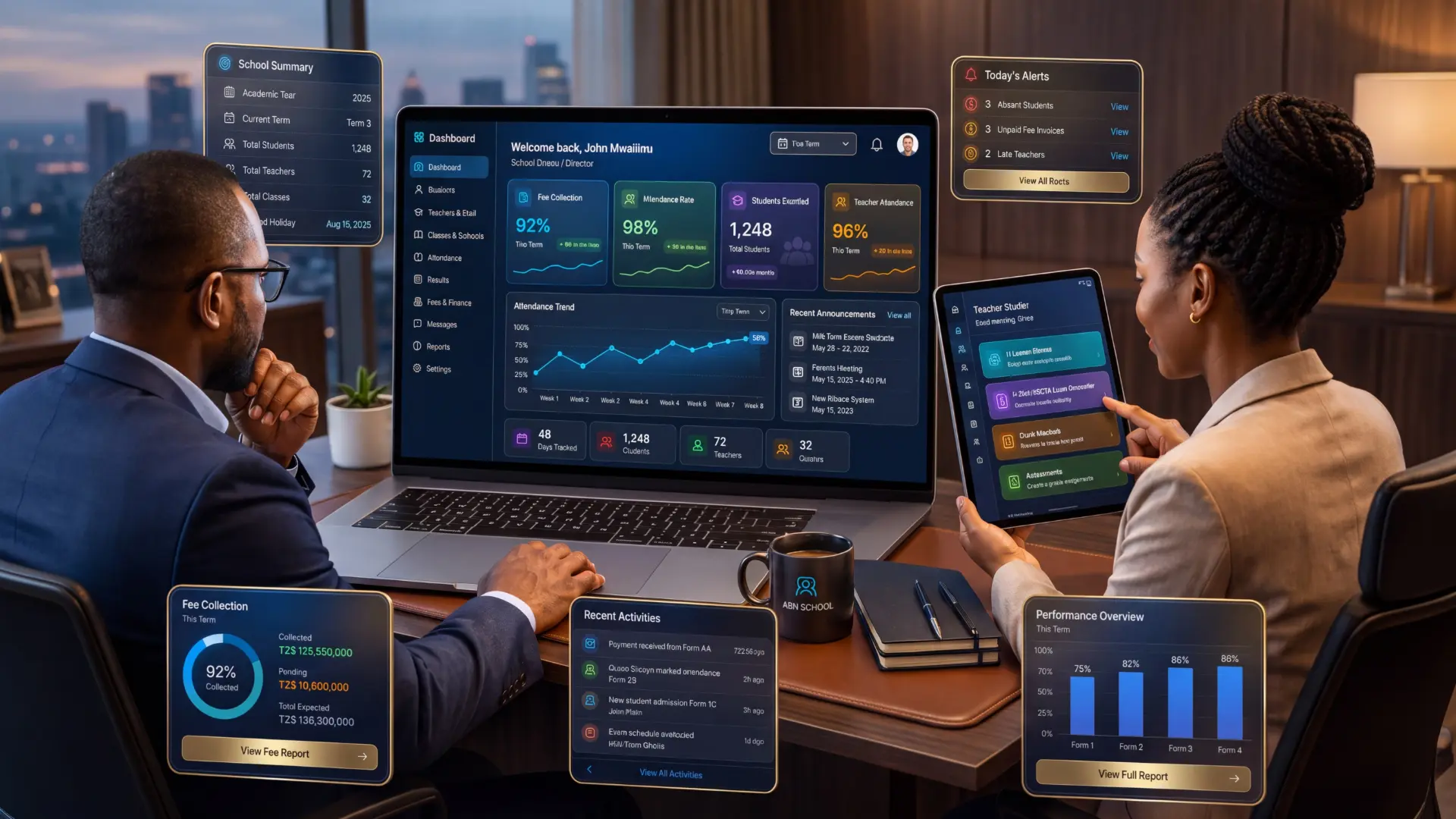 ABN School institutional dashboard — administration, teaching, finance, curriculum, parents and student learning in one platform