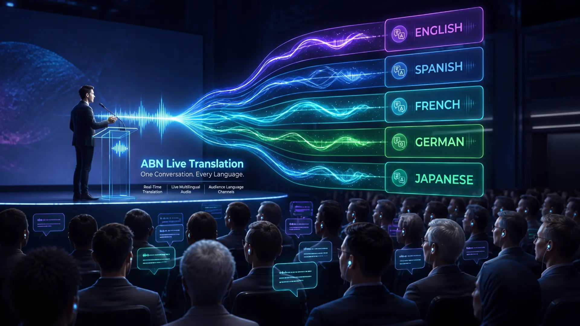 ABN Live Translation — a speaker addressing an audience while each listener receives live translated audio and captions in their own language